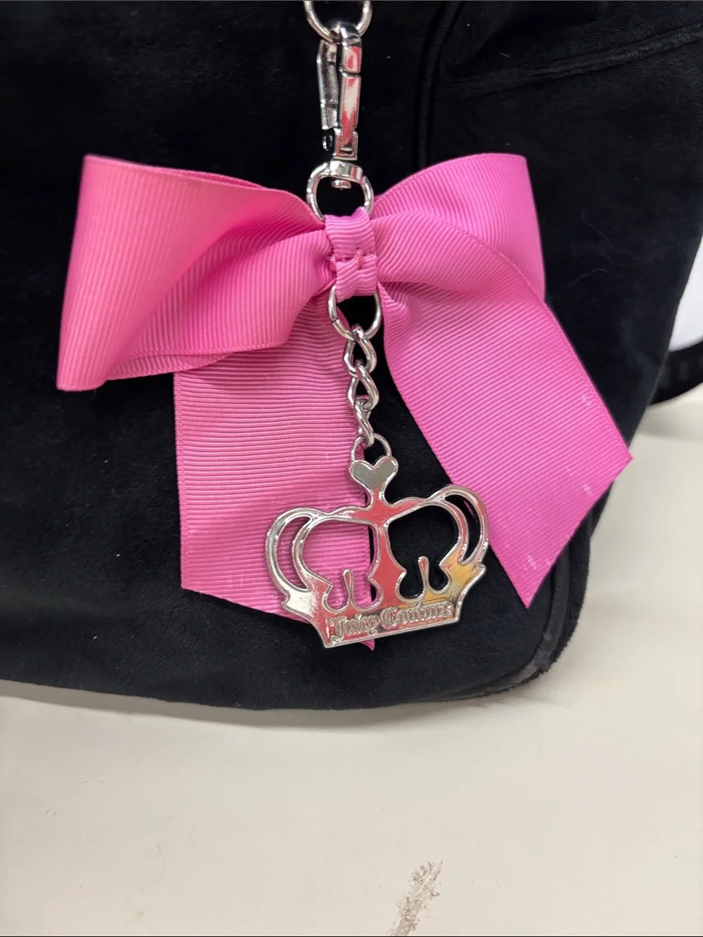 Juicy Couture Black Velour Weekender Bag with Pink Bow Charm